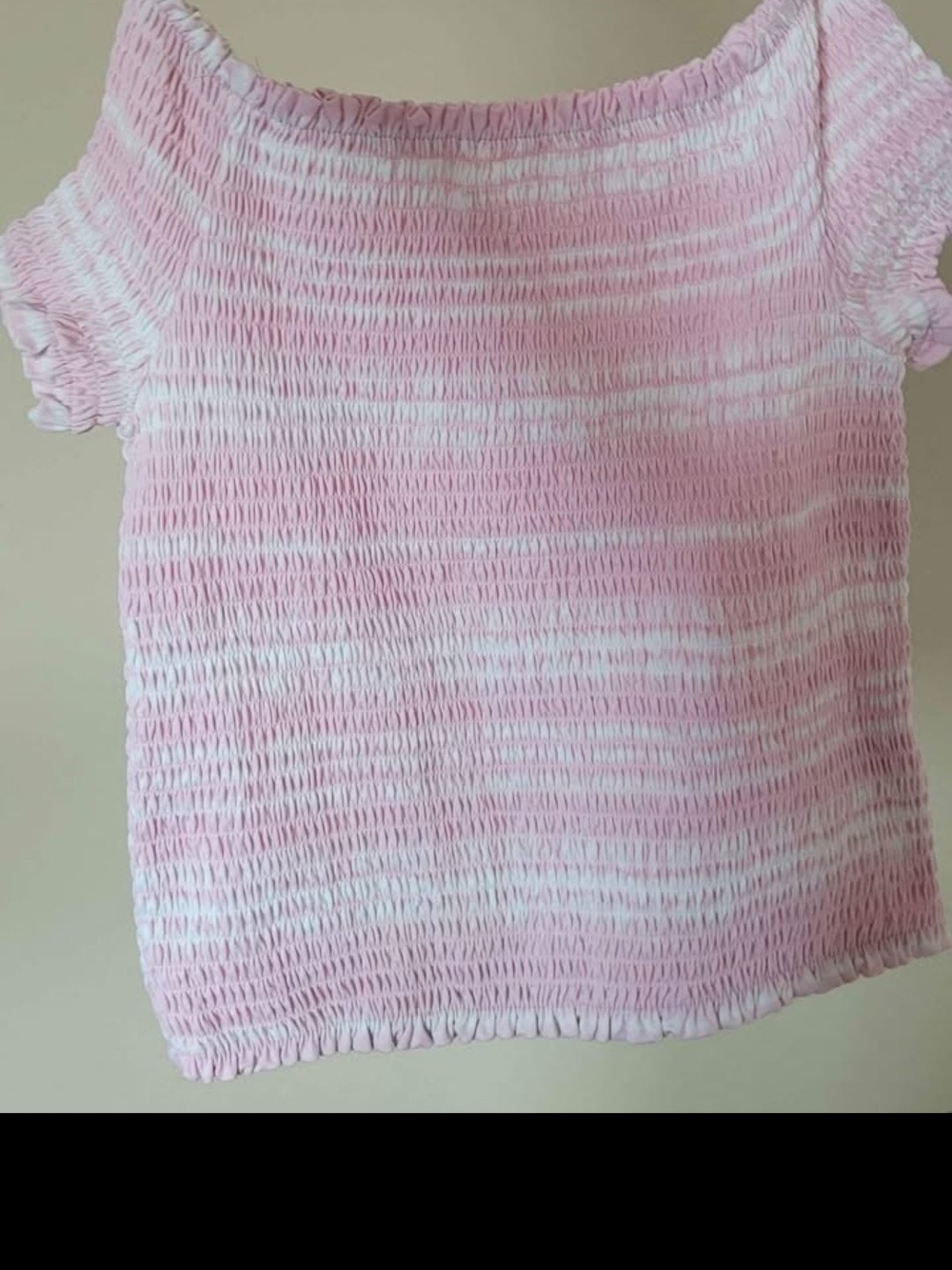 Smocked Off-Shoulder Pink and White Short Sleeve Top.Size 12 Good for 10-12 year